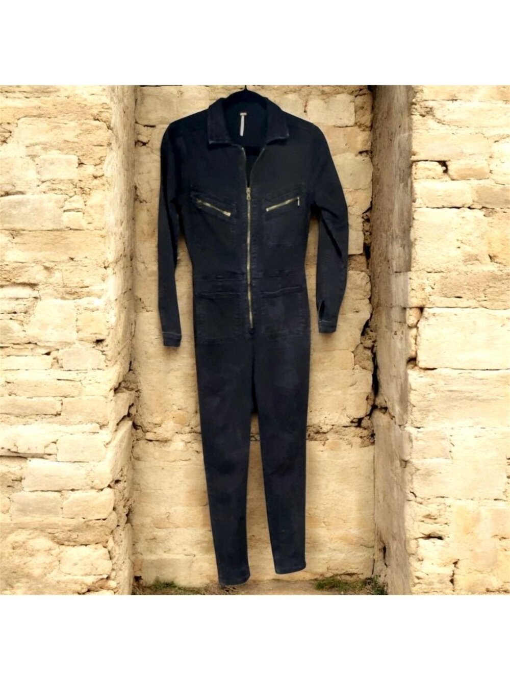 Free People Lennox Jumpsuit Womens S Black Denim Utility Coverall Zip Front